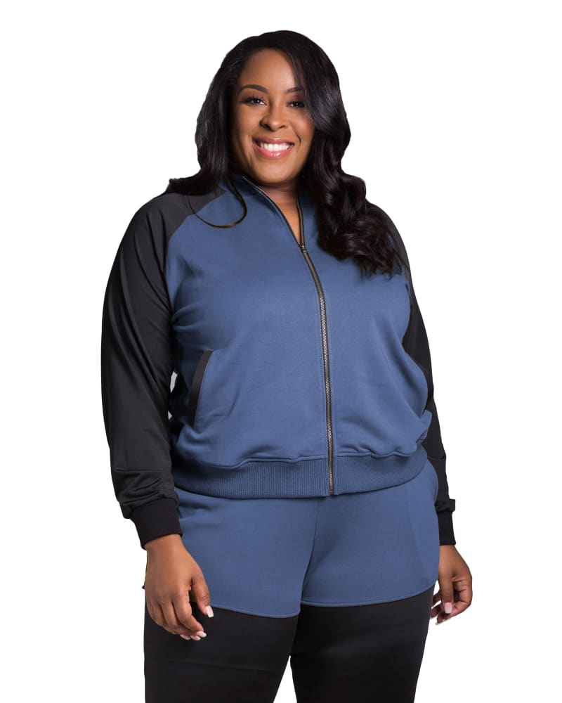 Front of a model wearing a size L Dana Zip Up Contrast Blocked Sweatshirt in French Navy by Poetic Justice. | dia_product_style_image_id:275433